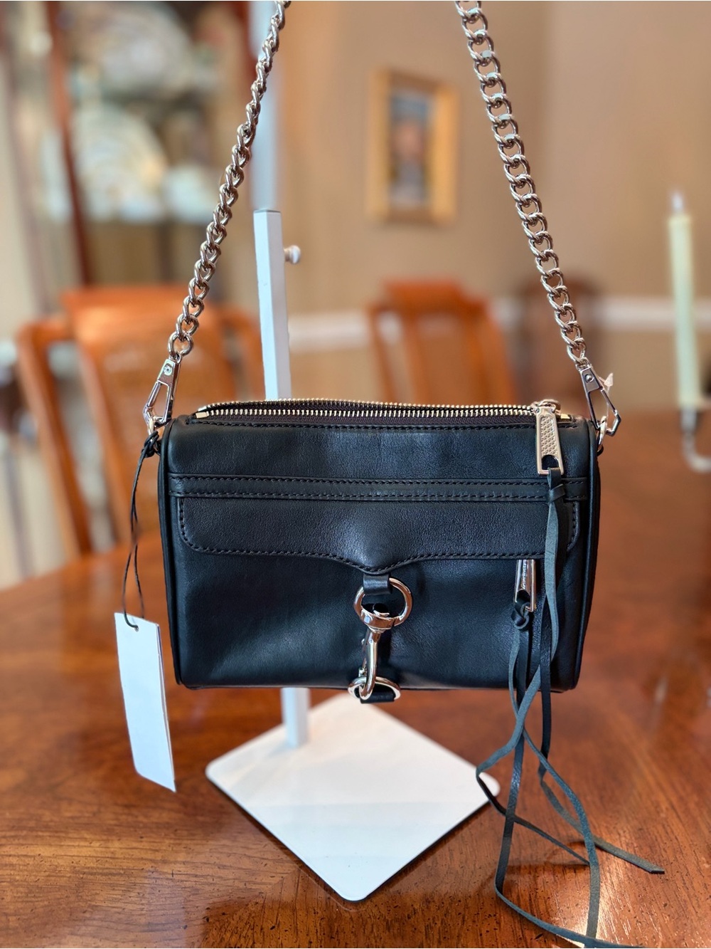 NWT Rebecca Minkoff Black Leather “Mini Mac” Crossbody Bag w/ Silver Chain Strap